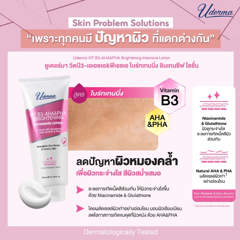 Uderma Vit B3-AHA PHA Brightening Intensive Lotion 70 ml, Uderma , ยูเดอร์มา , โลชั่นเข้มข้น